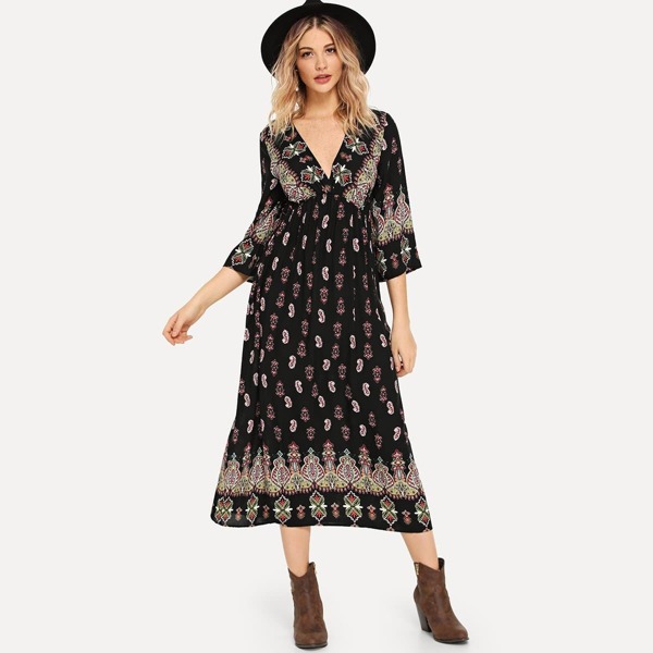 

Plunging Paisley Print Dress, Multicolor
