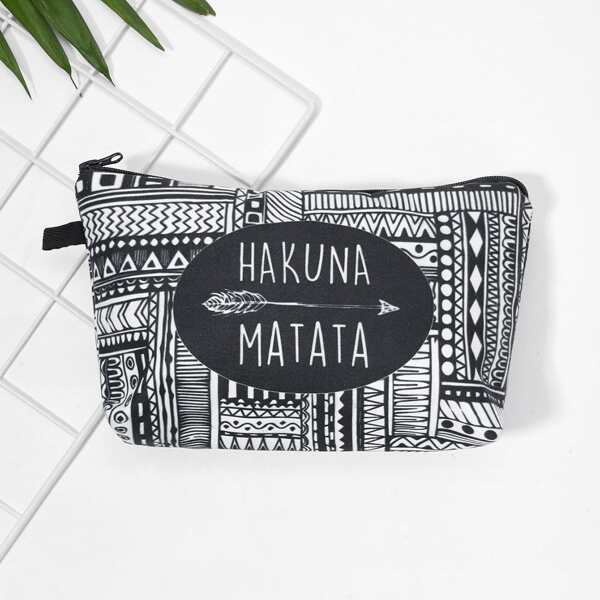 

Letter & Geometric Print Makeup Bag, Black and white