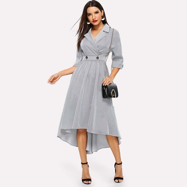 

Collared Surplice Striped Midi Dress