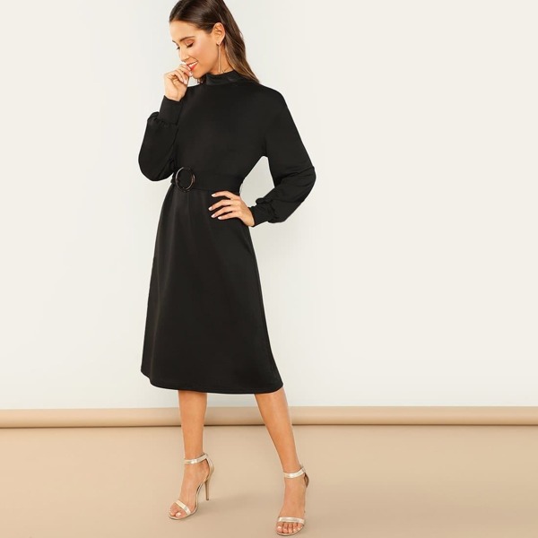

Mock Neck Self Belted Solid Dress, Black