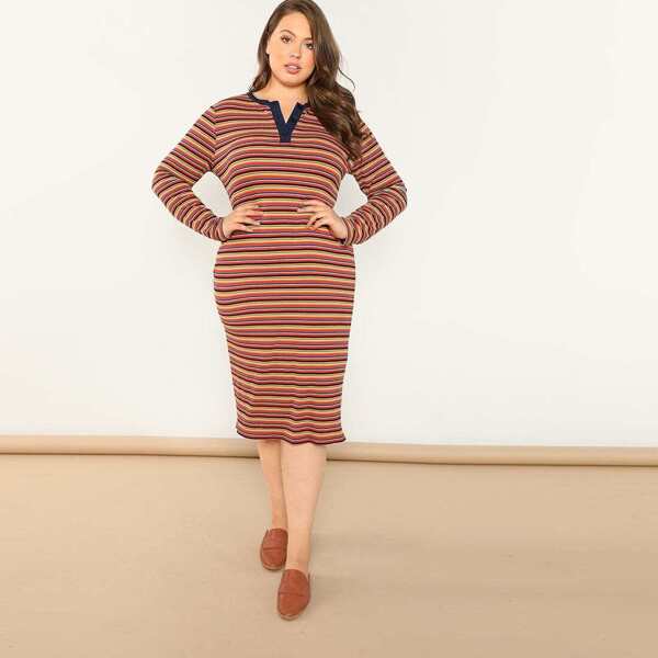

Plus Press Buttoned Striped Dress