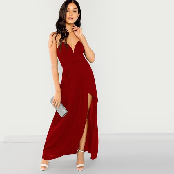 

V Cut Tube Split Maxi Dress, Burgundy