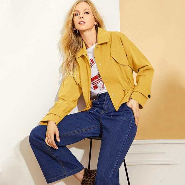 

Drop Shoulder Drawstring Waist Jacket, Yellow