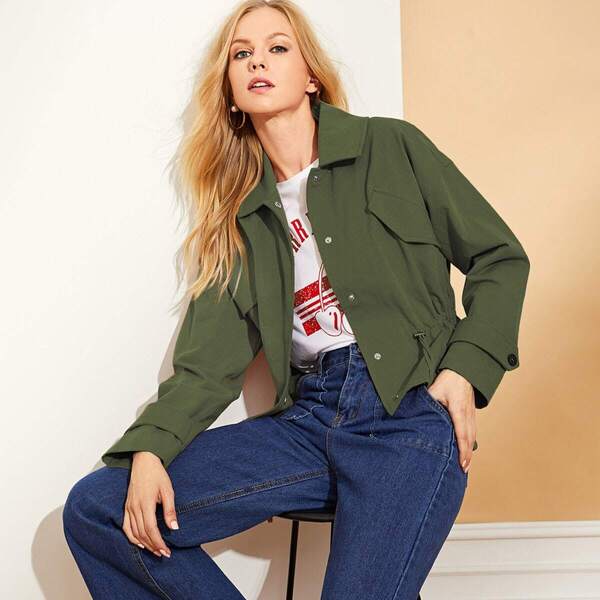 

Drop Shoulder Drawstring Waist Jacket, Army green