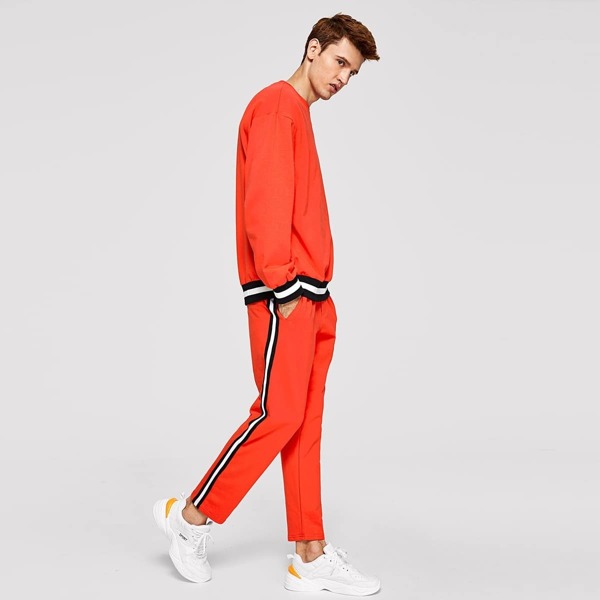 

Men Striped Trim Top & Pants Set, Orange