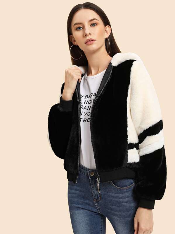 

Color-Block Faux Fur Hoodie Jacket, Black and white, Kate B