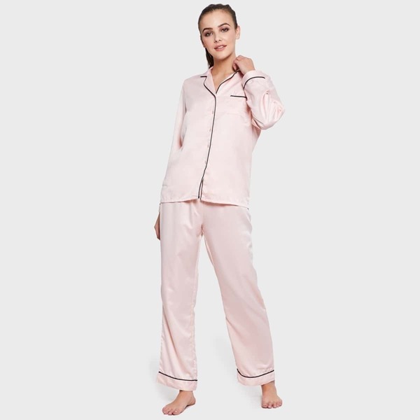 

Plus Contrast Tipping Buttoned Blouse & Pants PJ Set