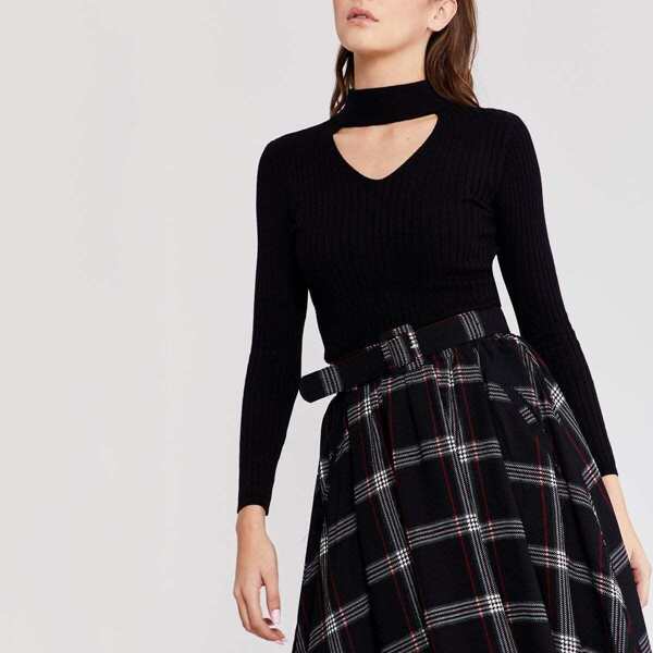 

Cutout Neck Rib Sweater
