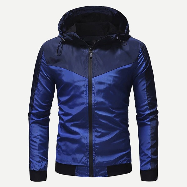 

Men Contrast Panel Windbreaker Hooded Jacket, Blue