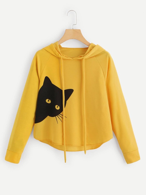 

Cat Print Hooded Sweatshirt, Yellow