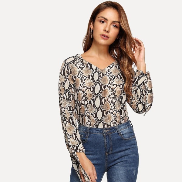 

Knot Cuff Snake Print Blouse