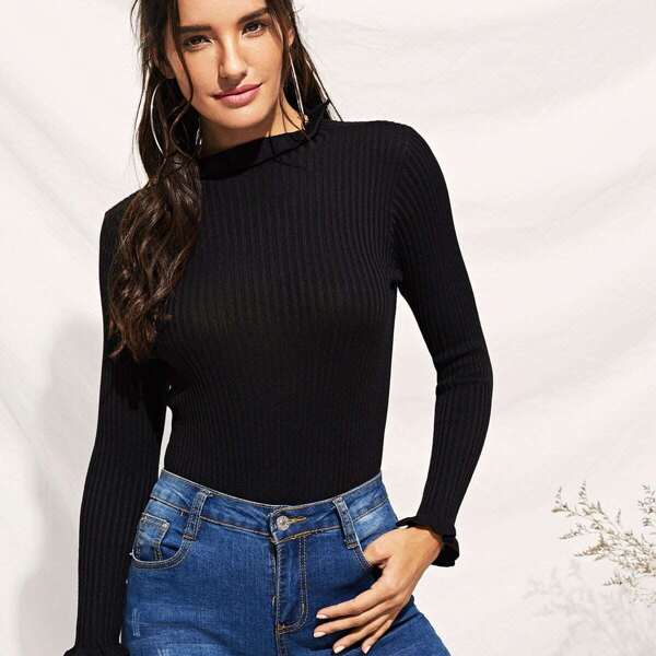 

Frill Cuff Ribbed Skinny Sweater