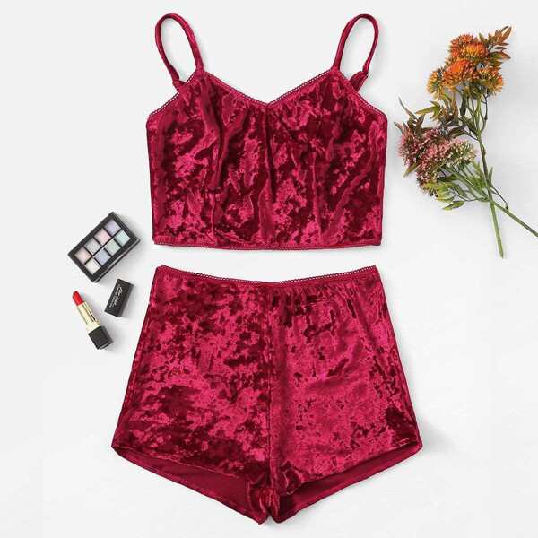 

Crochet Trim Velvet Cami Pajama Set