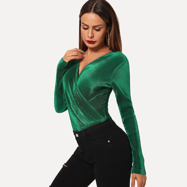 

Ribbed Solid Surplice Bodysuit