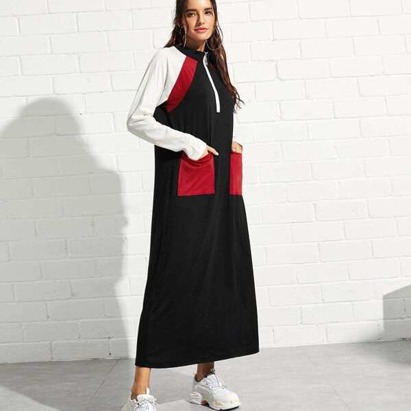 

Pocket Detail Zip Front Longline Dress, Black