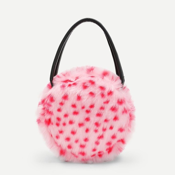 

Girls Faux Fur Design Zipper Round Bag, Pink