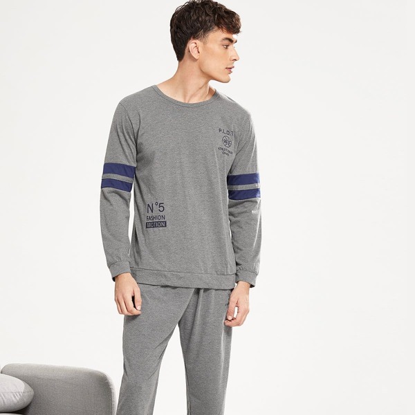 

Men Letter Print Contrast Stripe Pajama Set