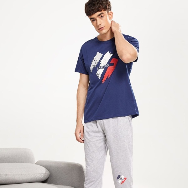 

Men Letter Print Colorblock Pajama Set