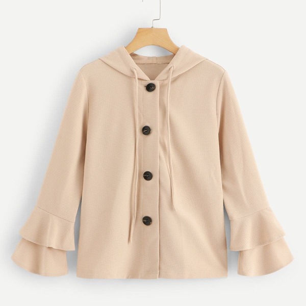 

Button Front Drawstring Bell Sleeve Hoodie Coat