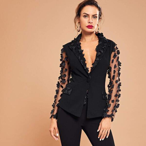 

Appliques Mesh Sleeve Buttoned Blazer, Black
