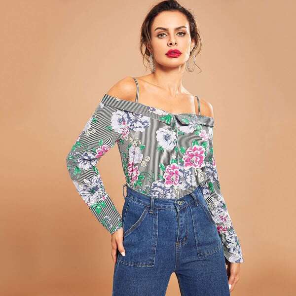 

Button Front Flower Print Striped Top