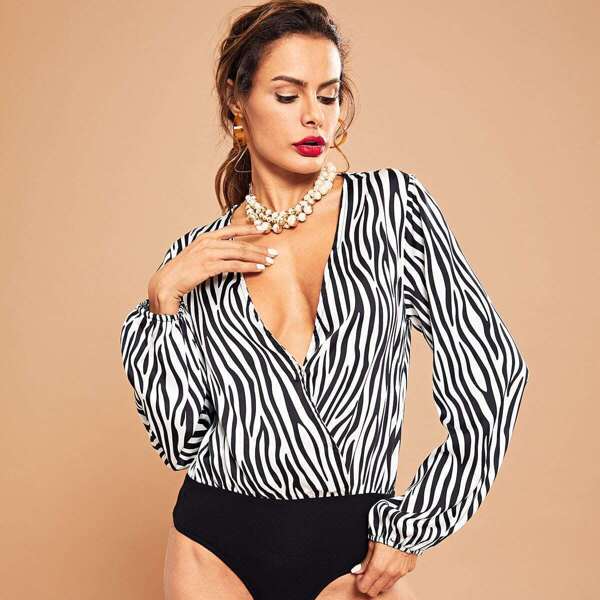 

Surplice Neck Striped Bodysuit