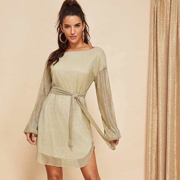 

Waist Belted Boat Neck Dress