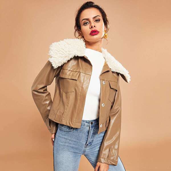

Faux Fur Collar Flap Pocket PU Jacket, Camel