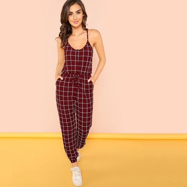 

Overlap Back Drawstring Waist Grid Jumpsuit, Burgundy