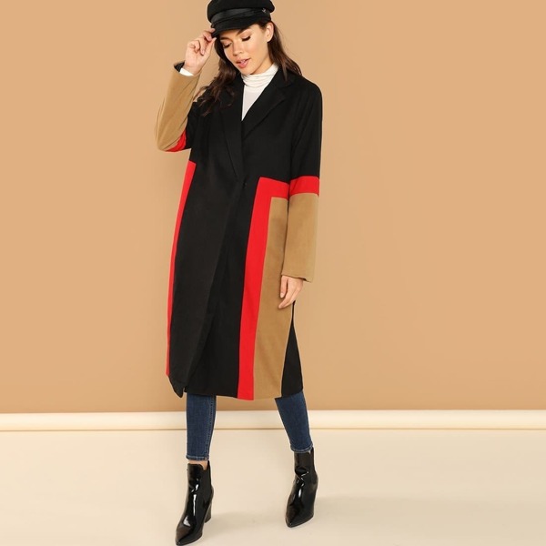 

Color Block Button Notched Neck Coat, Multicolor