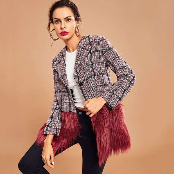 

Contrast Faux Fur Hem Tweed Coat, Multicolor