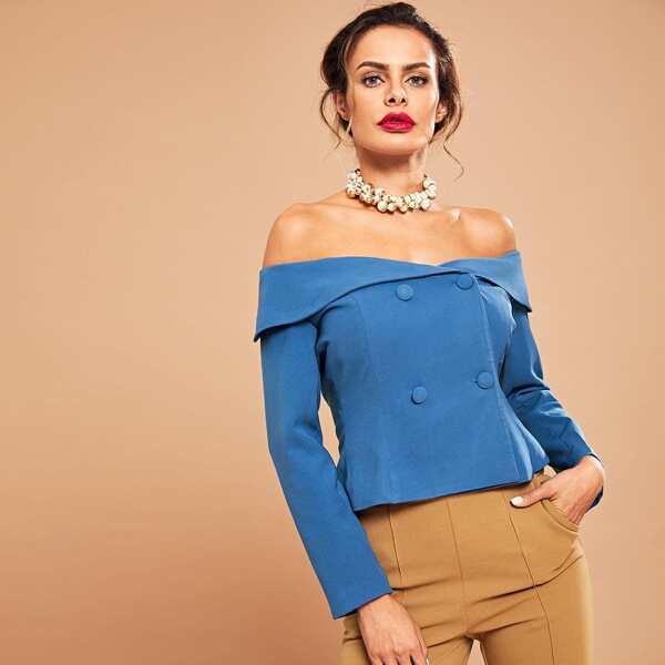 

Foldover Off Shoulder Double Breasted Blazer, Blue