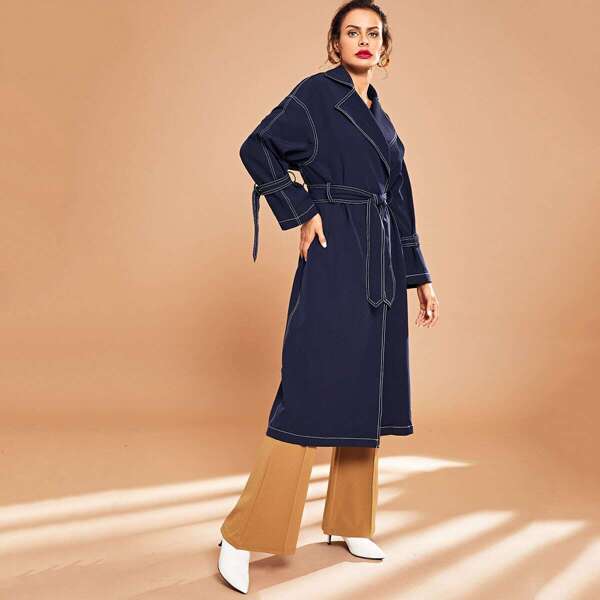 

Notch Collar Contrast Stitch Self Belted Trench Coat, Navy