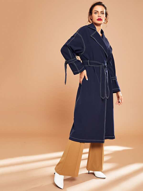 

Notch Collar Contrast Stitch Self Belted Trench Coat, Navy, Andy