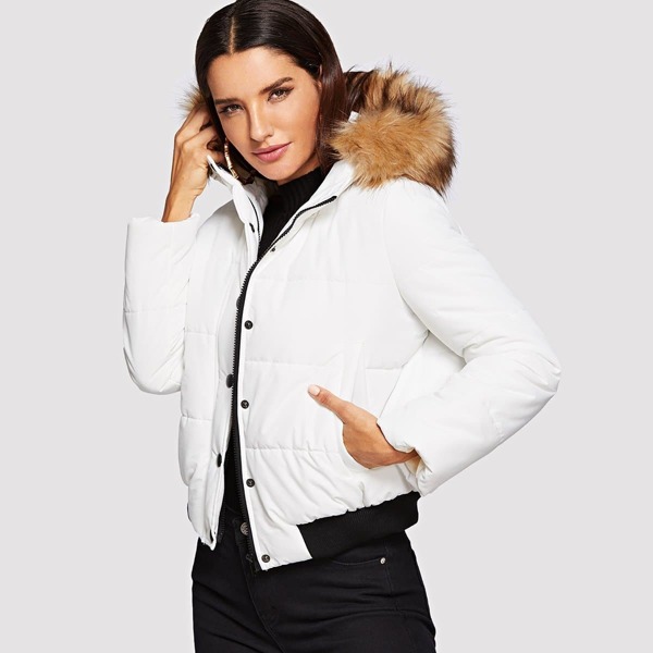 

Puffer Coat With Faux Fur Trim Hood, White
