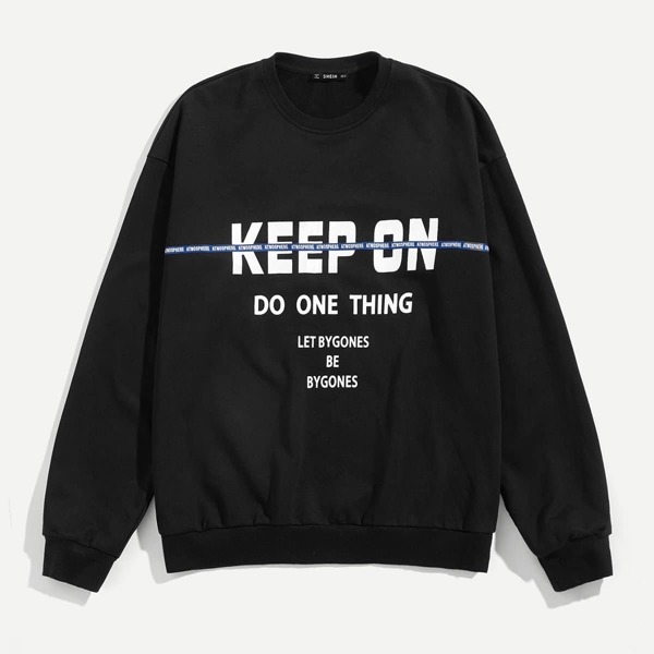 

Men Crew Neck Contrast Tape Letter Sweatshirt, Black