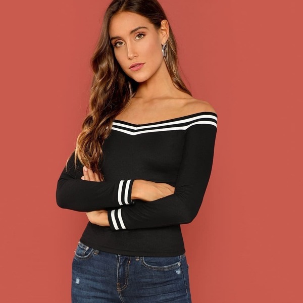 

Striped Bardot Neck Rib-Knit Tee