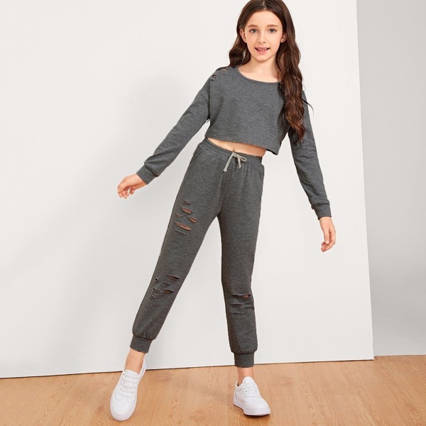 

Girls Cut Out Front Top & Drawstring Waist Pants Set, Grey