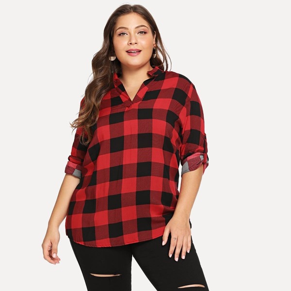 

Plus Buffalo Plaid Dip Hem Blouse, Multicolor