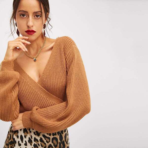 

Surplice Neck Knot Crop Sweater
