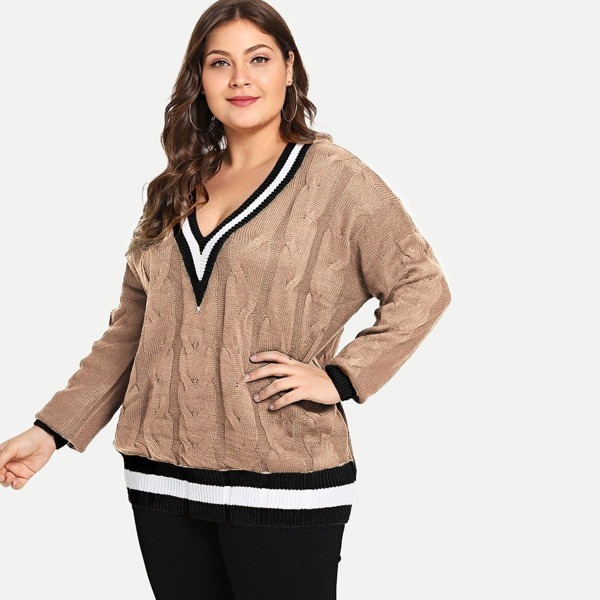 

Plus Contrast Color-Block Trim Cable Knit Sweater