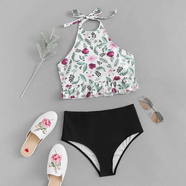 

Floral Peplum Top With High Waisted Bikini Set, Multicolor