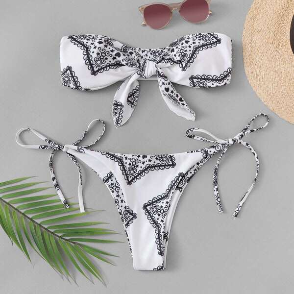 

Random Pattern Knot Bandeau With Self Tie Side Bikini, Black and white