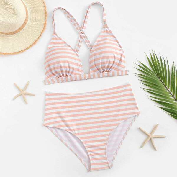 

Plus Striped Crisscross Top With High Waist Bikini
