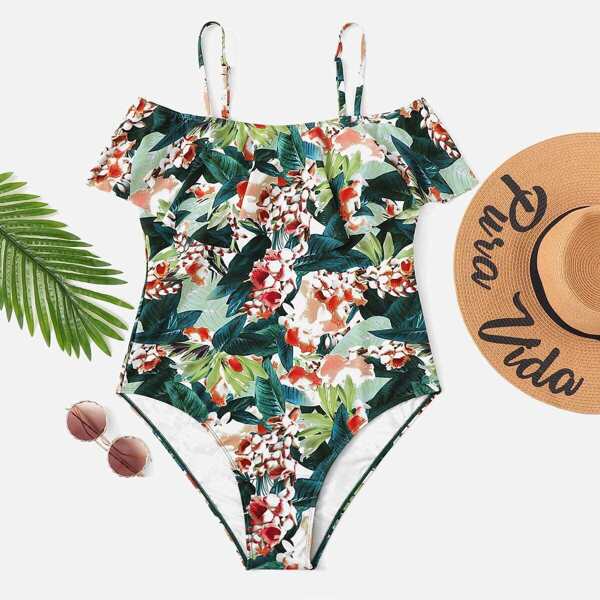 

Plus Floral Print Flounce One Piece Swimsuit, Multicolor