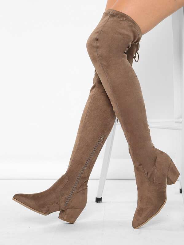 

Pointed Toe Stretch Suede Block Heel Thigh Boots, Brown