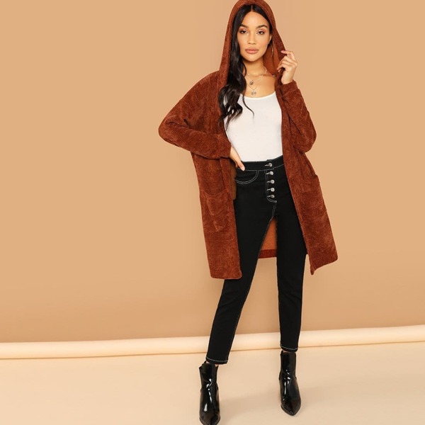 

Open Front Rib Knit Hoodie Coat