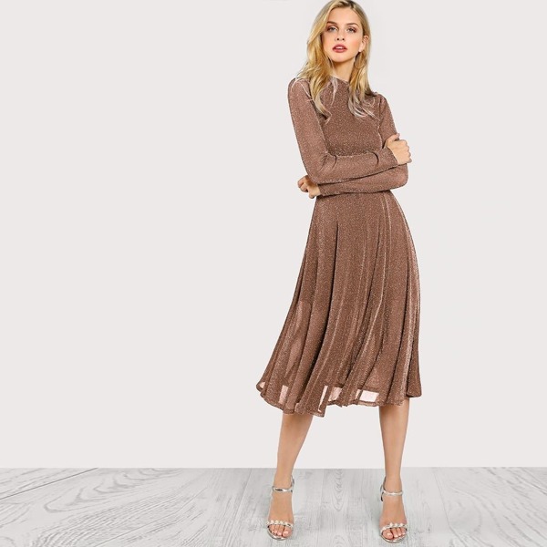 

Button Keyhole Mock-neck Glitter Flowy Dress