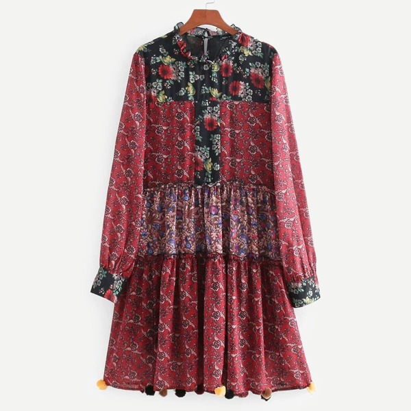 

Pom Pom Trim Floral Print Dress