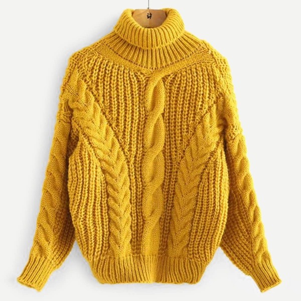 

High Neck Cable Knit Solid Sweater, Yellow